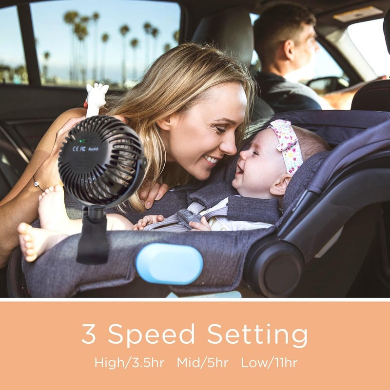 liuliuby Baby Stroller Fan with Clip | Clip On Fan for Baby Car Seat | Portable & Rechargeable with Durable Clamp | Stroller Accessories | Small Cooling USB Chargeable Battery (Jet Black) - Image 2